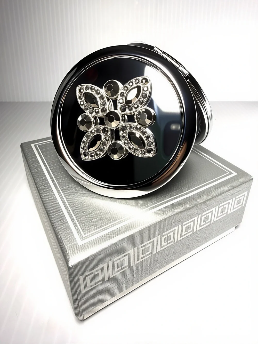 Liz Claiborne Silver Compact Mirror with Crystal Flower Accent